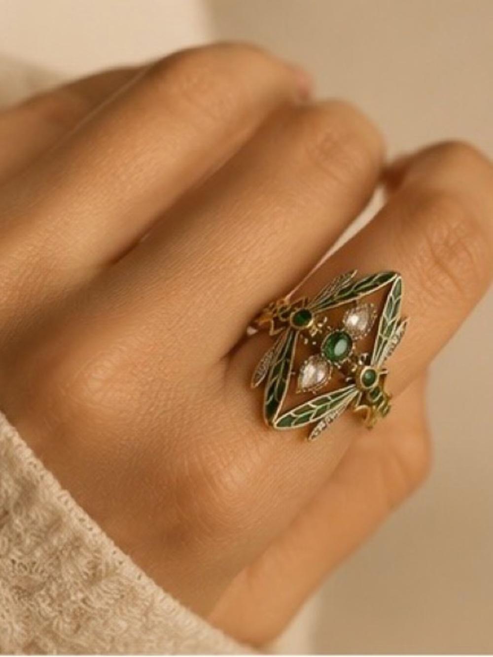 Vintage Emerald Dragonfly Art Nouveau Ring - Picture 5 of 5